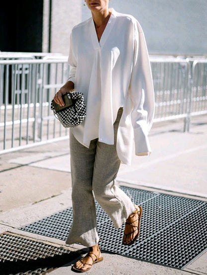 Urban Loose White Split-Side Long Sleeves V-Neck Shirts