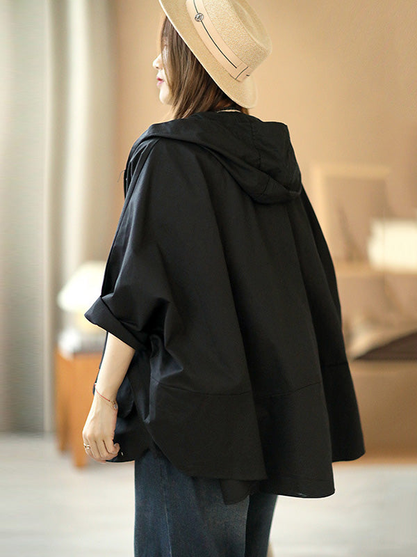 Urban Buttoned Solid Color Hooded Batwing Sleeve Loose Outerwear