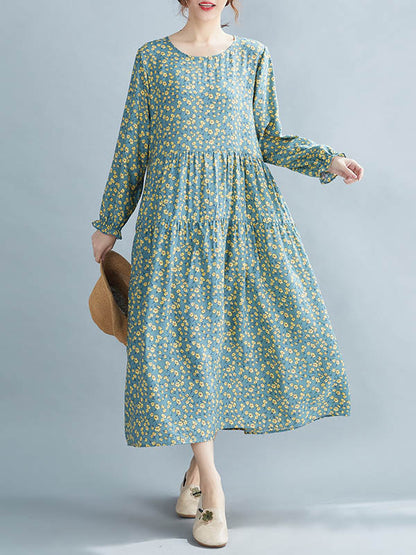 Artistic Retro Floral Printed Pleated Round-Neck Long Sleeves Midi Dress