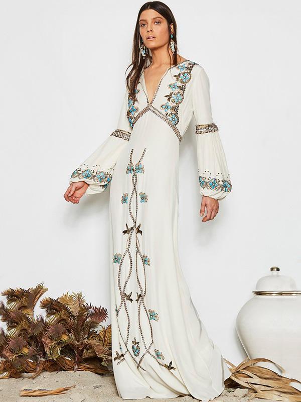 White Embroidered Puff Sleeve Maxi Dress