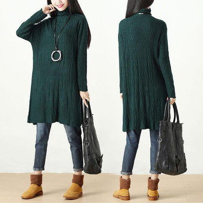 Women Autumn Winter Turtle Neck Long Sleeve Green Dress