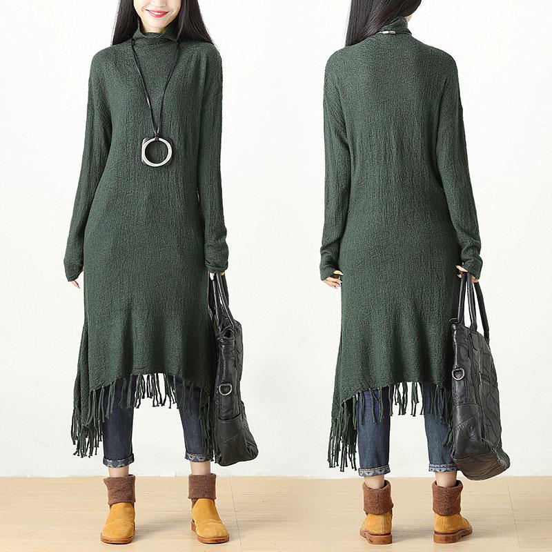 Autumn Winter Tassel Fitting Green Dress For Women