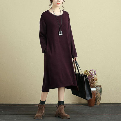 Women Casual Long Sleeve Pockets Stripe Wine Red Dress