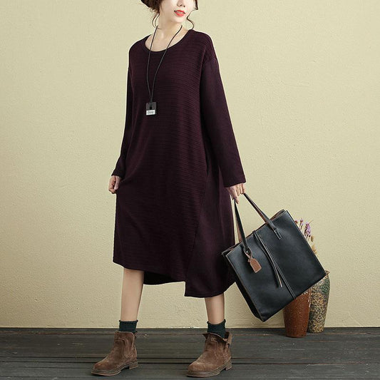 Women Casual Long Sleeve Pockets Stripe Wine Red Dress
