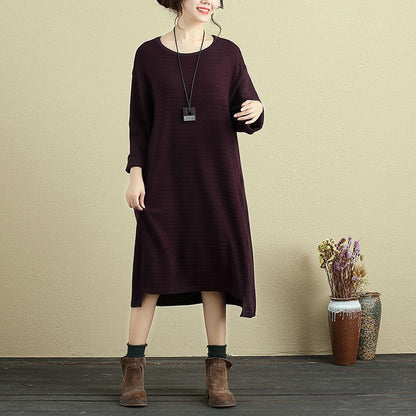 Women Casual Long Sleeve Pockets Stripe Wine Red Dress