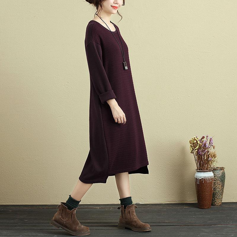 Women Casual Long Sleeve Stripe Irregular Wine Red Dress