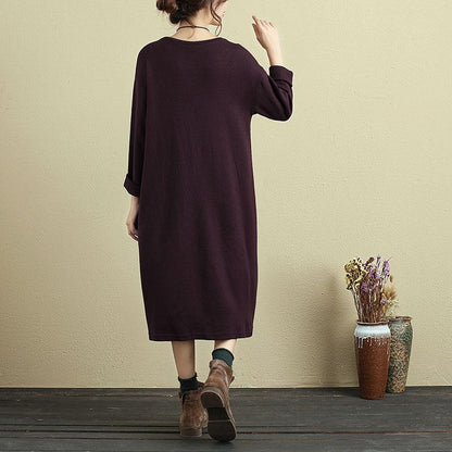 Women Casual Long Sleeve Pockets Stripe Wine Red Dress