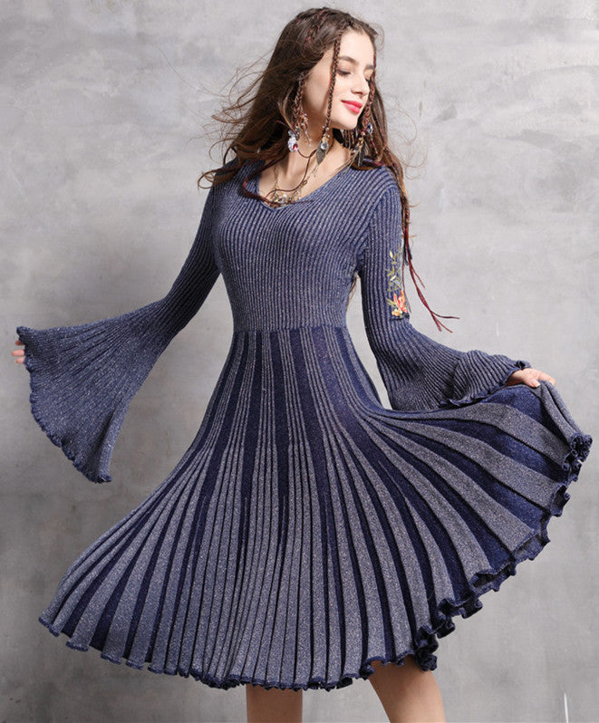 Autumn Spring Boho O-Neck Big Flare Sleeve Embroidery Dresses Vintage Knit Pleated Dress