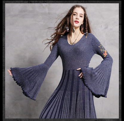 Autumn Spring Boho O-Neck Big Flare Sleeve Embroidery Dresses Vintage Knit Pleated Dress