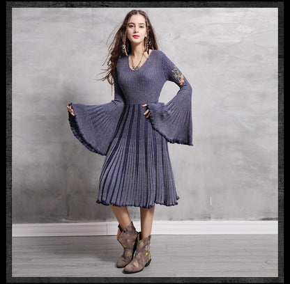Autumn Spring Boho O-Neck Big Flare Sleeve Embroidery Dresses Vintage Knit Pleated Dress