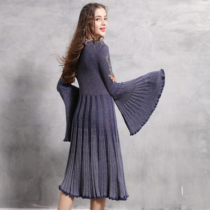 Autumn Spring Boho O-Neck Big Flare Sleeve Embroidery Dresses Vintage Knit Pleated Dress