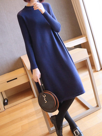 LOOSE SOLID ROUND-NECK KNITTING SWEATER DRESS