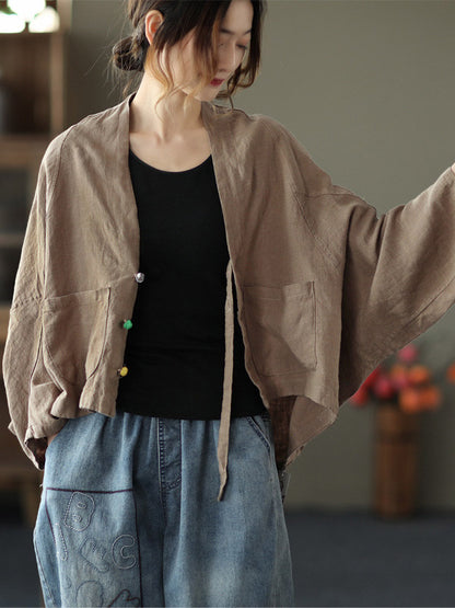 Casual V-Neck Linen Batwing Sleeves Outerwear