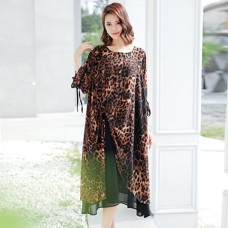Leopard Print Lacing Ruffles Spliced Chiffon Polyester Dress