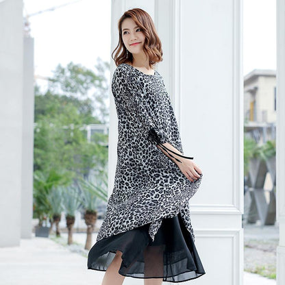 Leopard Print Lacing Ruffles Spliced Chiffon Polyester Dress