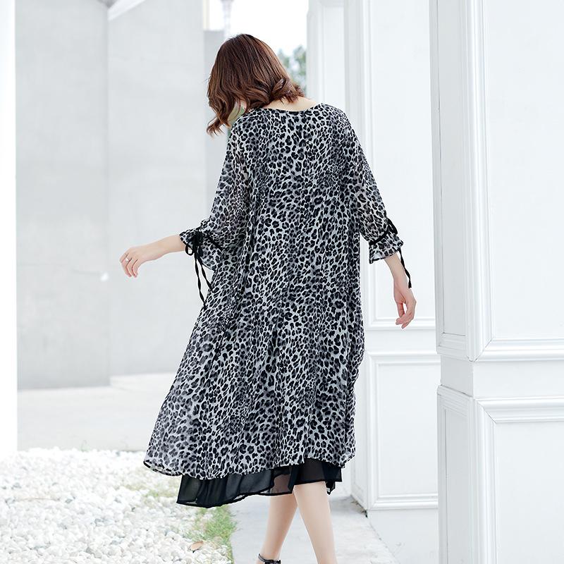 Leopard Print Lacing Ruffles Spliced Chiffon Polyester Dress