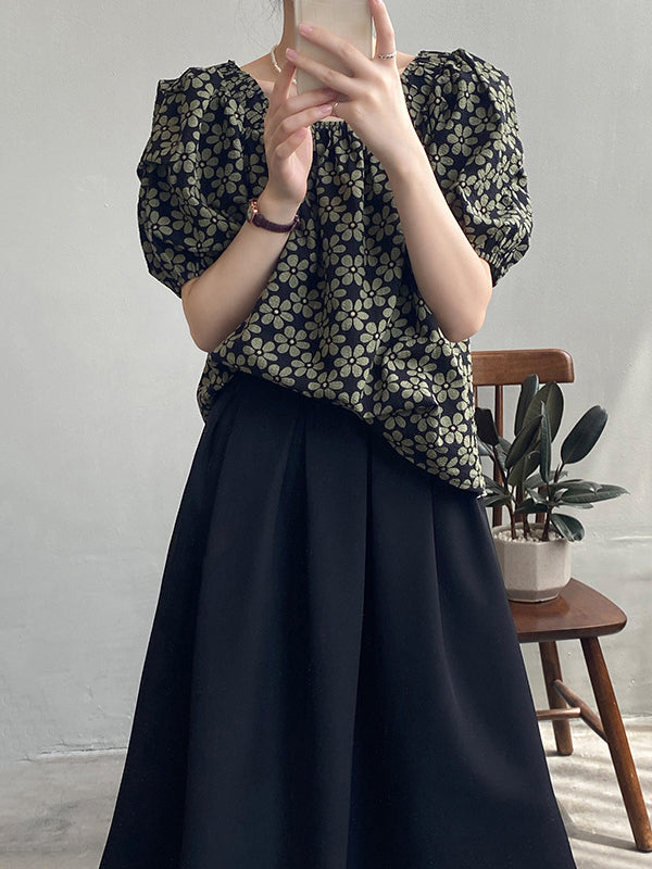 Loose Puff Sleeves Floral Printed T-Shirt