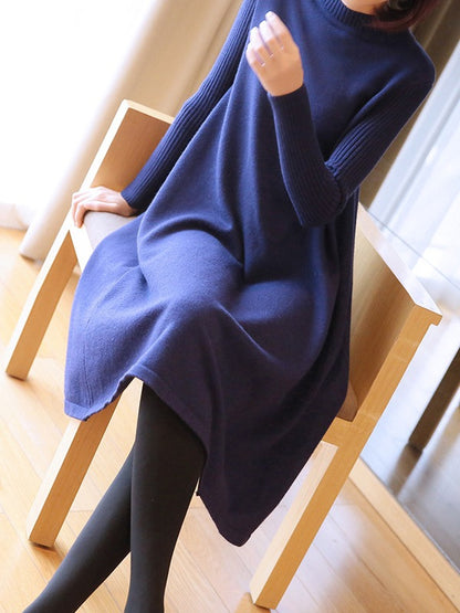 LOOSE SOLID ROUND-NECK KNITTING SWEATER DRESS