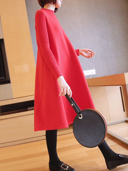 LOOSE SOLID ROUND-NECK KNITTING SWEATER DRESS