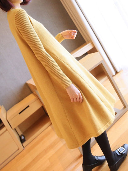 LOOSE SOLID ROUND-NECK KNITTING SWEATER DRESS