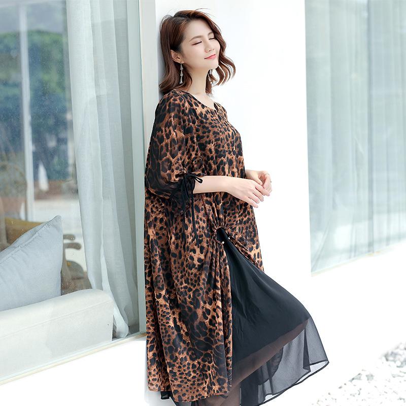 Leopard Print Lacing Ruffles Spliced Chiffon Polyester Dress