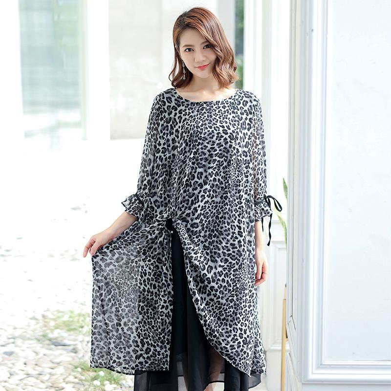 Leopard Print Lacing Ruffles Spliced Chiffon Polyester Dress