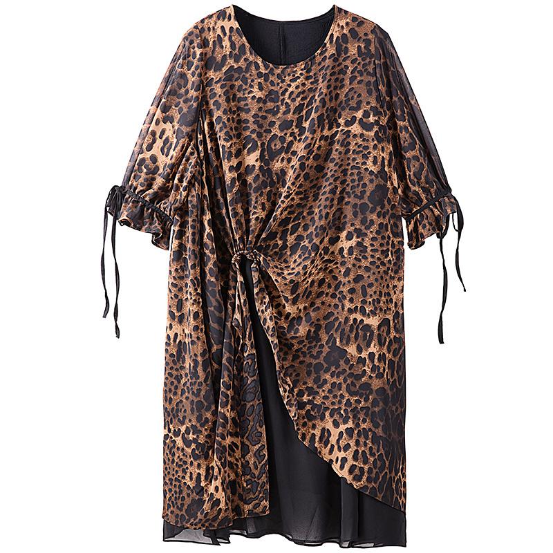 Leopard Print Lacing Ruffles Spliced Chiffon Polyester Dress