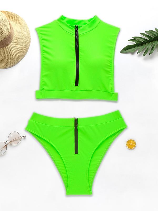 Turtlenecks Zippers Split Bikini Swimsuit