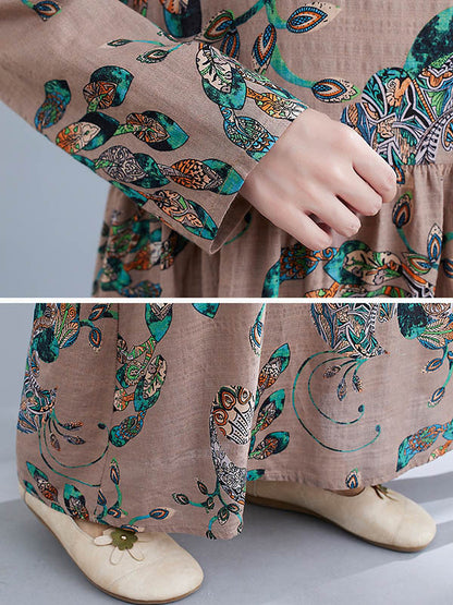 Vintage Ramie Cotton Floral Printed Round-Neck Long Sleeves Loose Maxi Dress