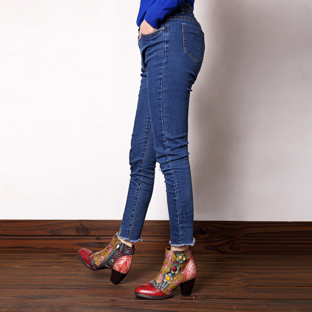 Leisure retro national style leather women's boots