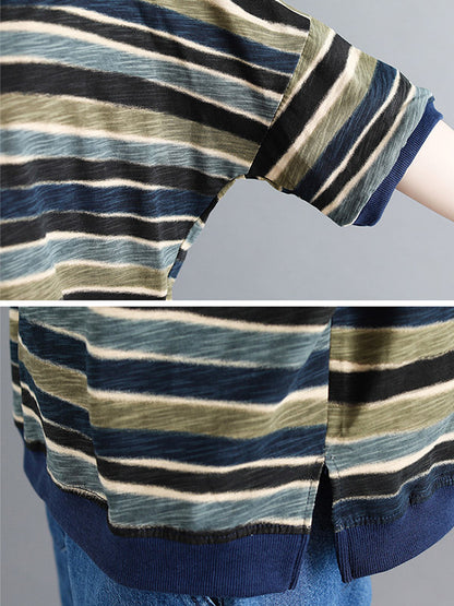 Casual Contrast Color Striped Short Sleeves T-Shirt Top