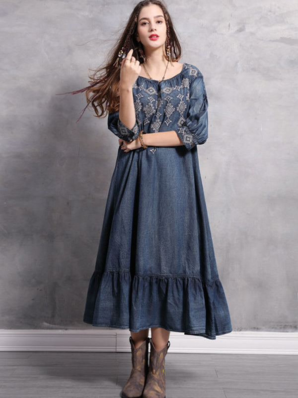 Spring Big size Casual Vintage Autumn Elegant embroidery Loose Female A-line Denim Long Dress