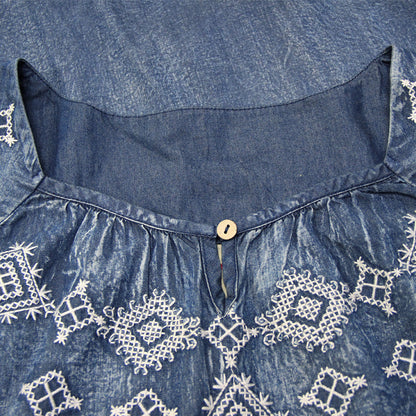 Spring Big size Casual Vintage Autumn Elegant embroidery Loose Female A-line Denim Long Dress