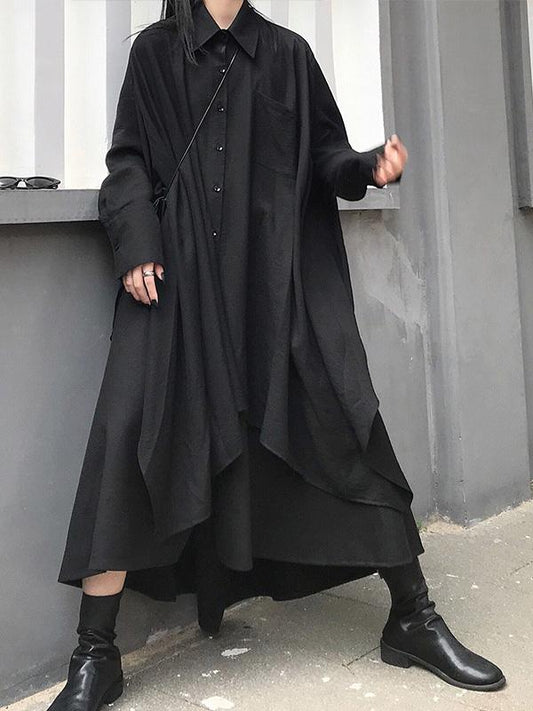 Super Loose A-line Black Long Shirt Dress