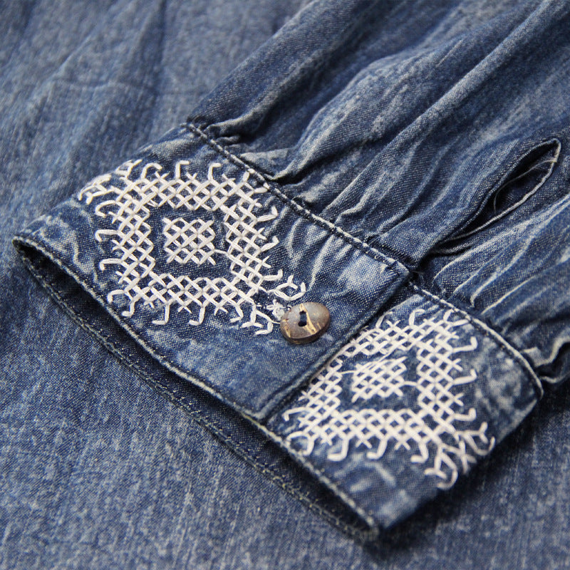 Spring Big size Casual Vintage Autumn Elegant embroidery Loose Female A-line Denim Long Dress