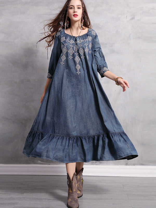 Spring Big size Casual Vintage Autumn Elegant embroidery Loose Female A-line Denim Long Dress