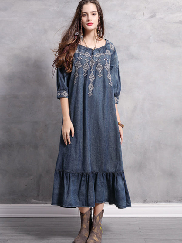 Spring Big size Casual Vintage Autumn Elegant embroidery Loose Female A-line Denim Long Dress