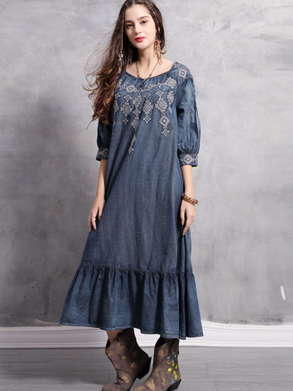 Spring Big size Casual Vintage Autumn Elegant embroidery Loose Female A-line Denim Long Dress