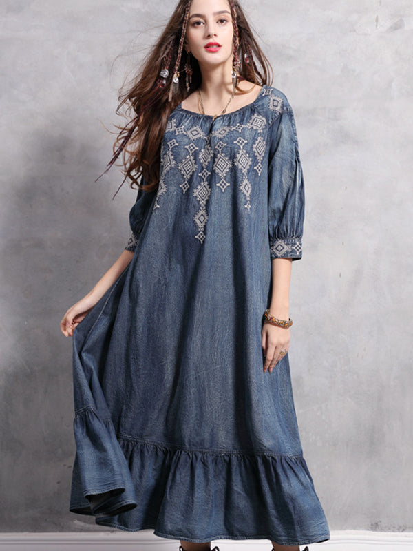 Spring Big size Casual Vintage Autumn Elegant embroidery Loose Female A-line Denim Long Dress