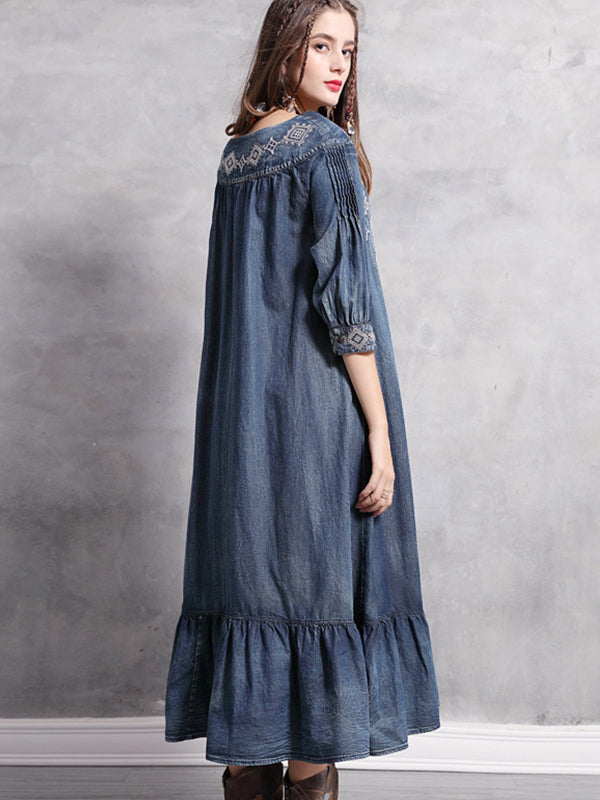 Spring Big size Casual Vintage Autumn Elegant embroidery Loose Female A-line Denim Long Dress