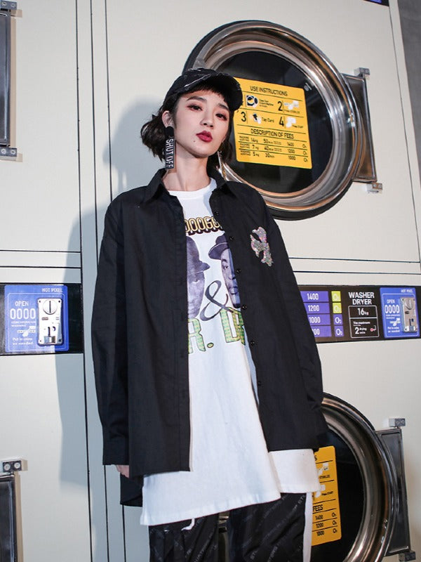 Loose Embroidered Sequined Cropped Shirt