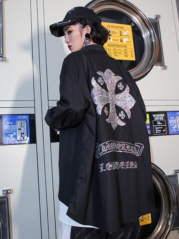 Loose Embroidered Sequined Cropped Shirt