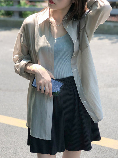 Casual Loose Solid Color Lapel Collar Long Sleeves Shirts
