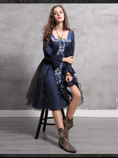 Vintage Split-joint Embroidered Denim Dress