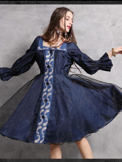 Vintage Split-joint Embroidered Denim Dress