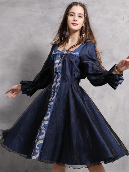 Vintage Split-joint Embroidered Denim Dress