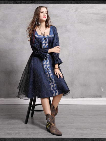 Vintage Split-joint Embroidered Denim Dress