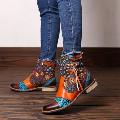 Printed leather midheel jeans boots