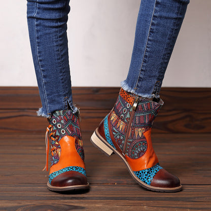 Printed leather midheel jeans boots
