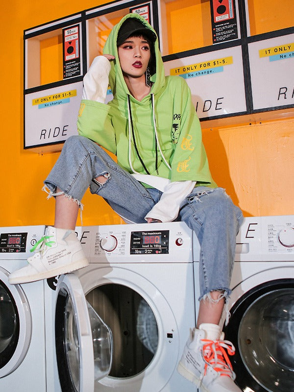 Tide Loose Print Cropped Splicing False Two Hoodie